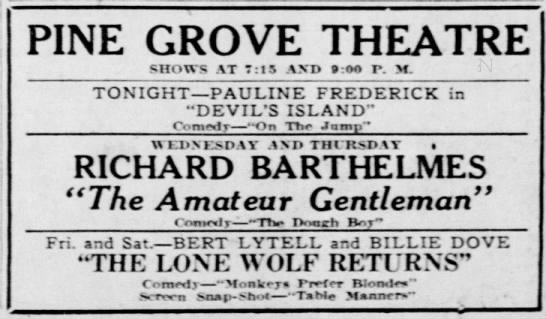 Pine Grove Theatre - 23 Feb 1927 Ad